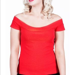 Red pinup off the shoulder top